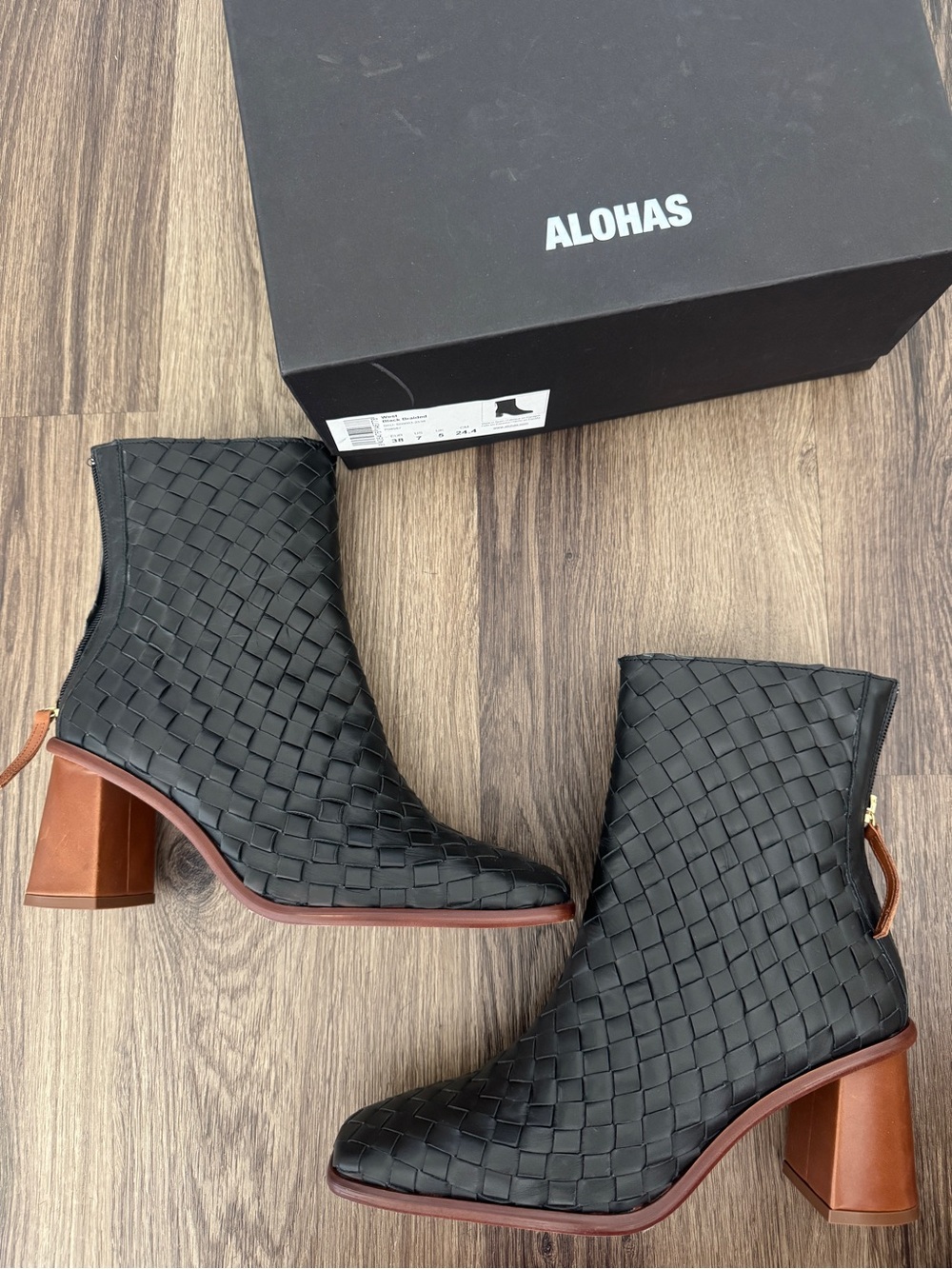 ALOHAS Black Woven Leather Ankle Boots with Brown Block Heel